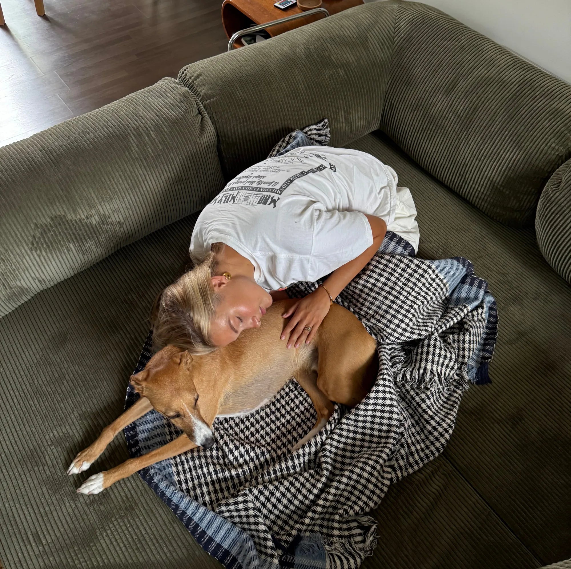 Overhead lifestyle shot of a person and dog lounging comfortably on a sage green sectional sofa with textured upholstery, styled with houndstooth patterned textiles.